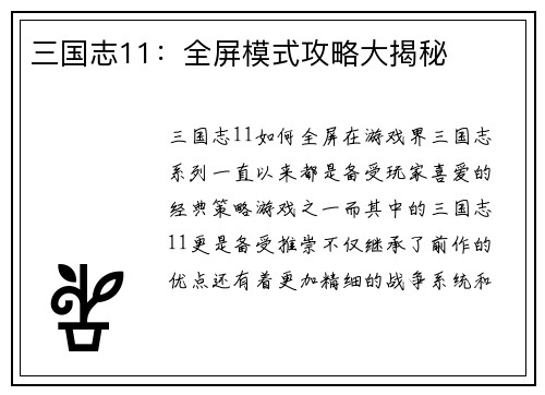 三国志11：全屏模式攻略大揭秘