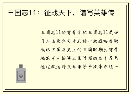 三国志11：征战天下，谱写英雄传