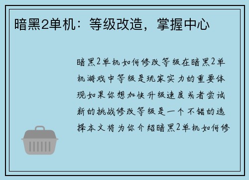 暗黑2单机：等级改造，掌握中心