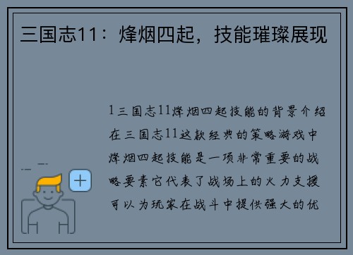 三国志11：烽烟四起，技能璀璨展现